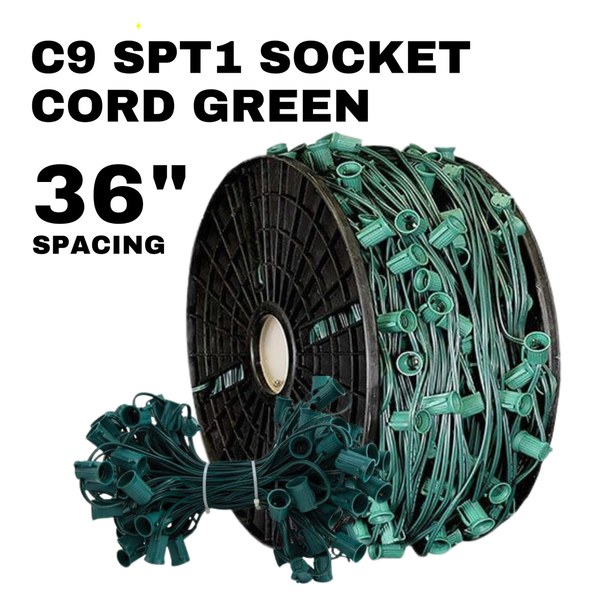 C9 Empty Socket Cord, 36&quot; Spacing, 1000&#39; Bulk Spool, Green SPT-1/18 AWG Wire